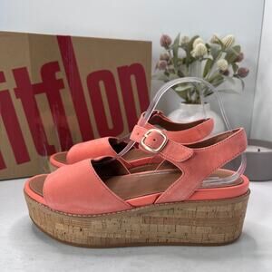 Fitflop Eloise Cork Wrap Suede Wedge Sandals Sunshine Coral Women’s 11